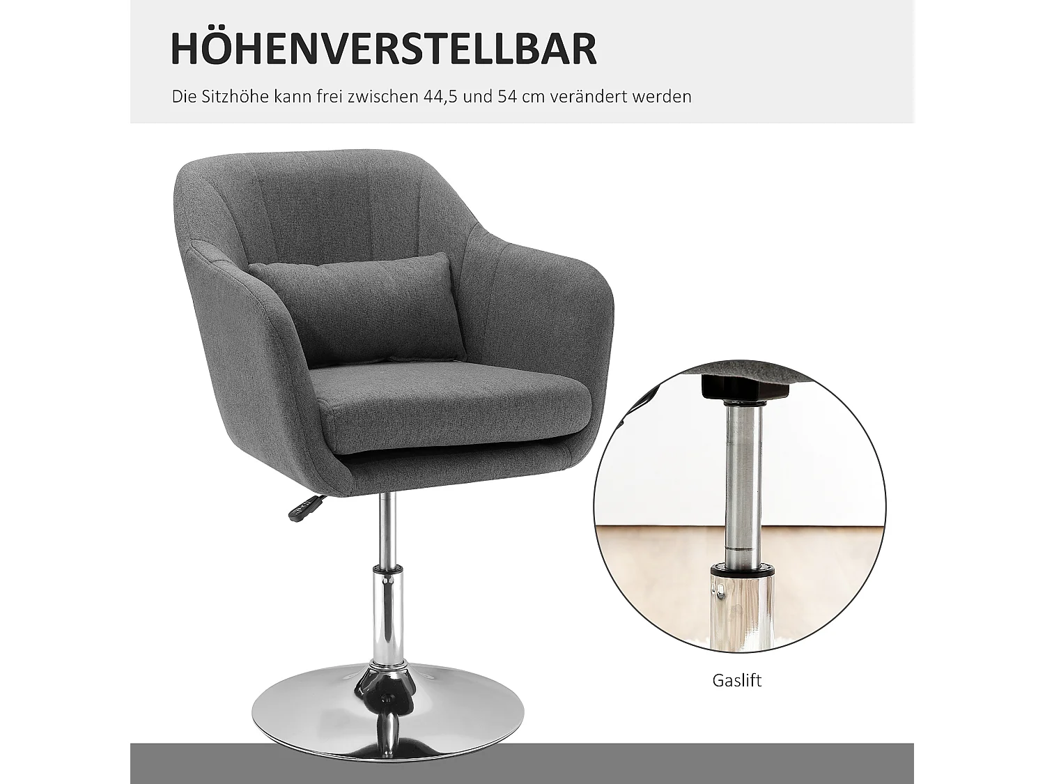 Tabouret de travail pivotant, fauteuil de bureau réglable en hauteur, polyester lin, métal, gris foncé (57x57x77.5-87 cm)