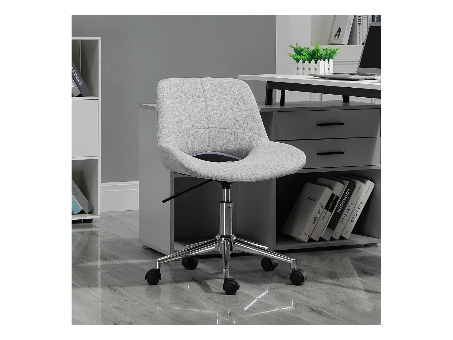 Chaise de bureau sans accoudoirs, réglable en hauteur, métal, gris clair (49x56.5x73-82.5 cm)