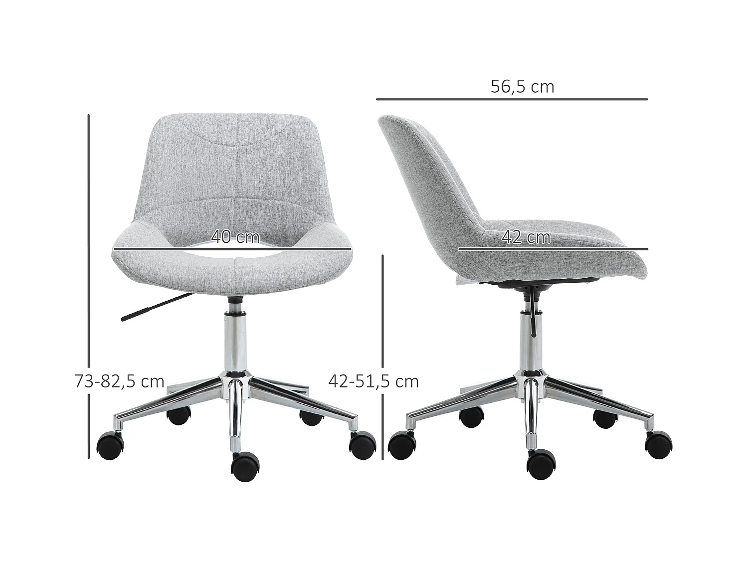 Chaise de bureau sans accoudoirs, réglable en hauteur, métal, gris clair (49x56.5x73-82.5 cm)