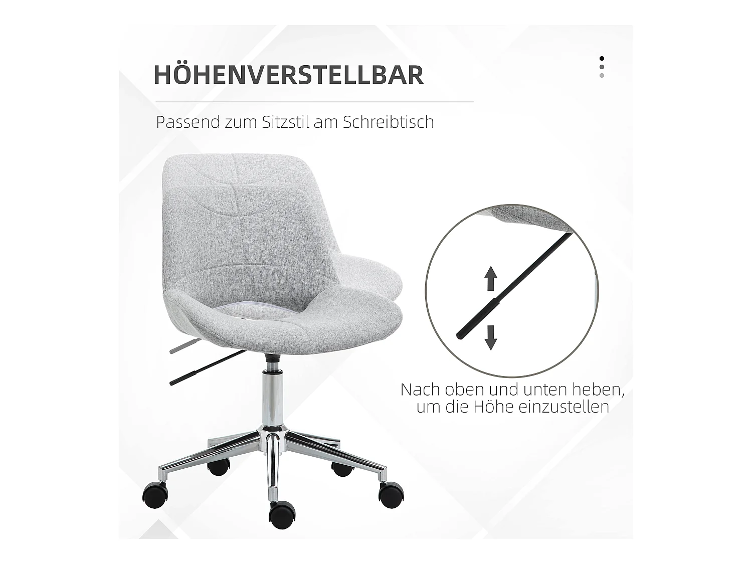 Chaise de bureau sans accoudoirs, réglable en hauteur, métal, gris clair (49x56.5x73-82.5 cm)