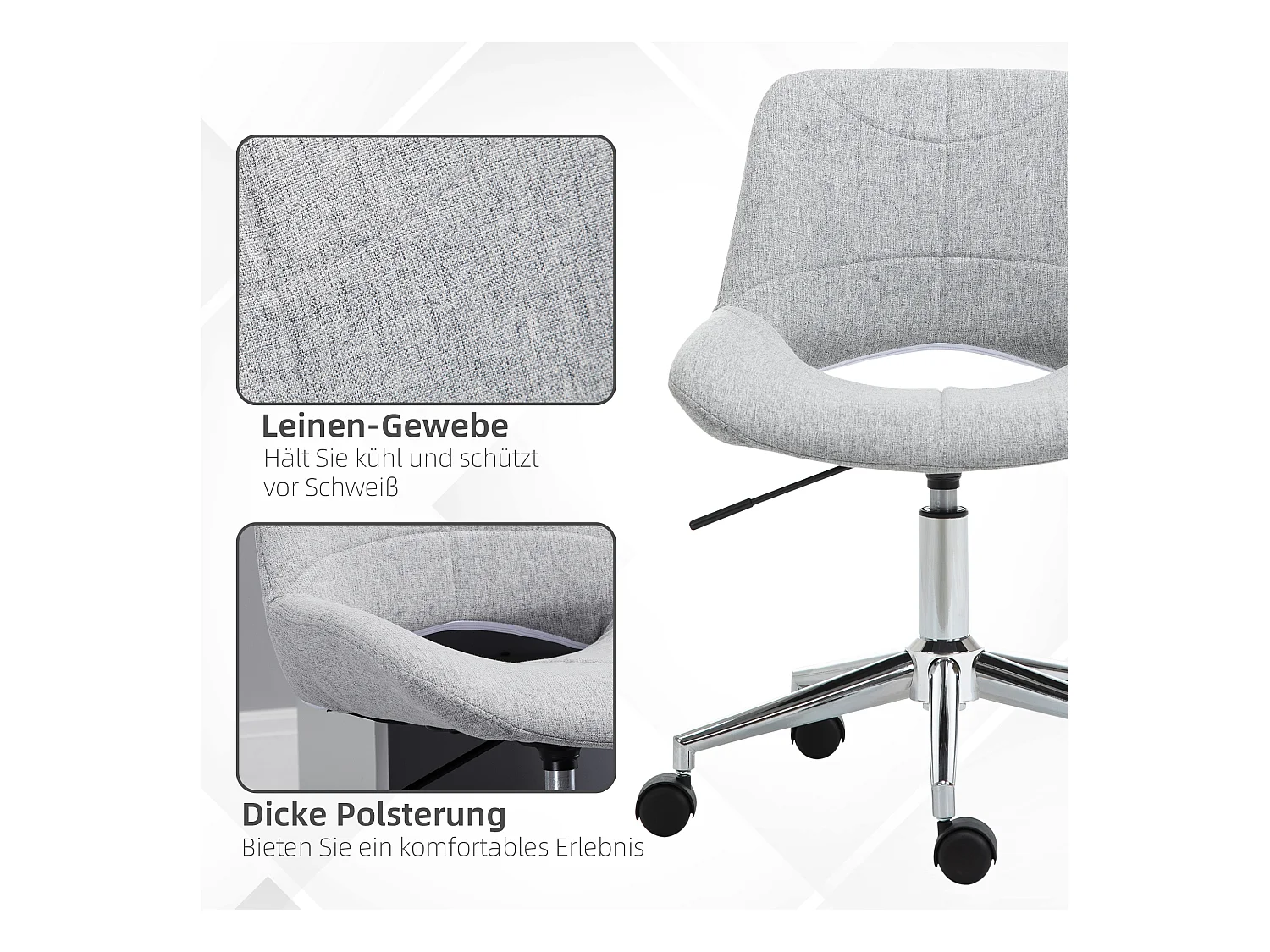 Chaise de bureau sans accoudoirs, réglable en hauteur, métal, gris clair (49x56.5x73-82.5 cm)