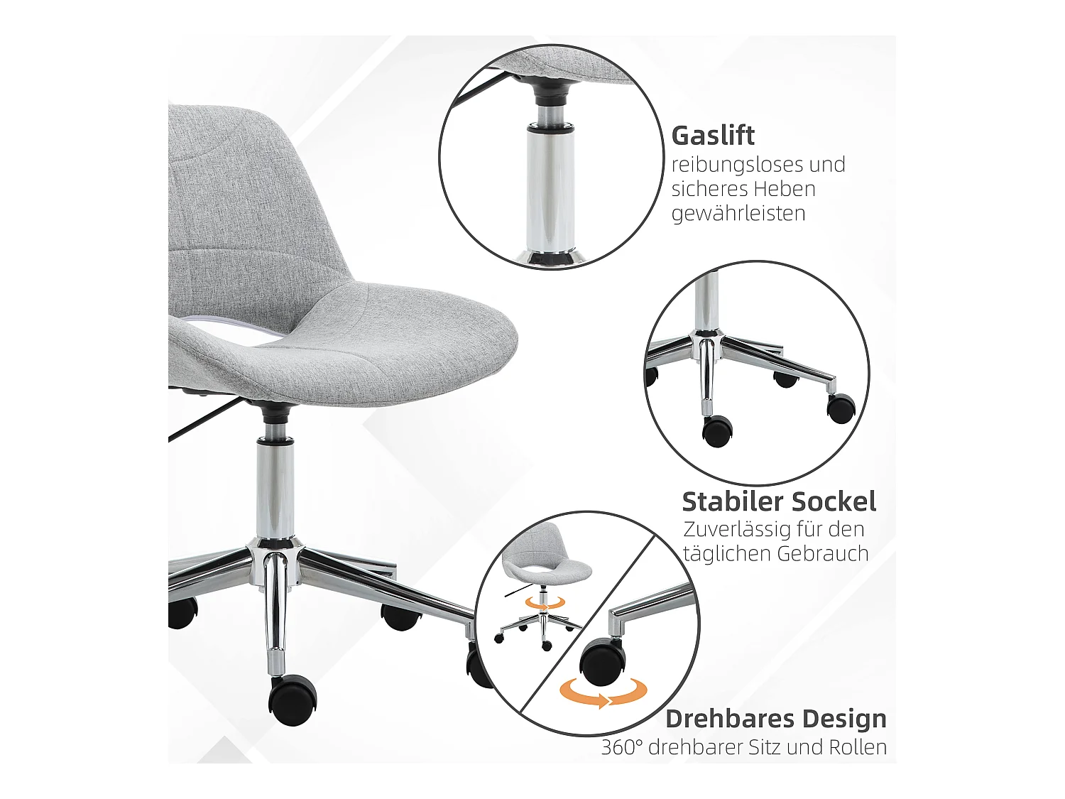 Chaise de bureau sans accoudoirs, réglable en hauteur, métal, gris clair (49x56.5x73-82.5 cm)