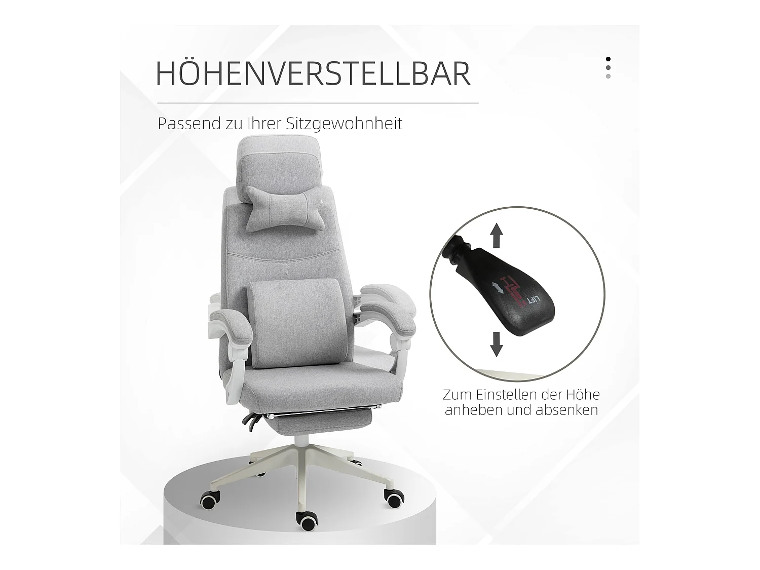 Fauteuil de bureau ergonomique, fauteuil gaming avec roulettes, polyester, mousse, plaque multicouche, gris (62x68x117-127 cm)