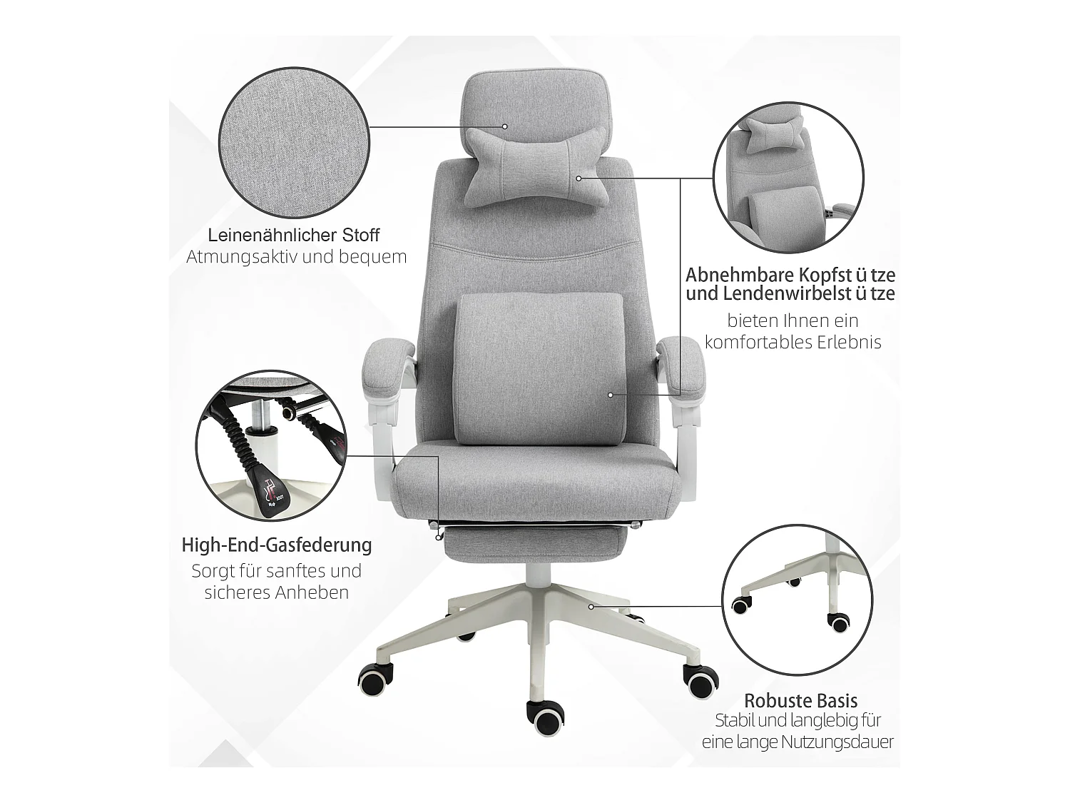 Fauteuil de bureau ergonomique, fauteuil gaming avec roulettes, polyester, mousse, plaque multicouche, gris (62x68x117-127 cm)