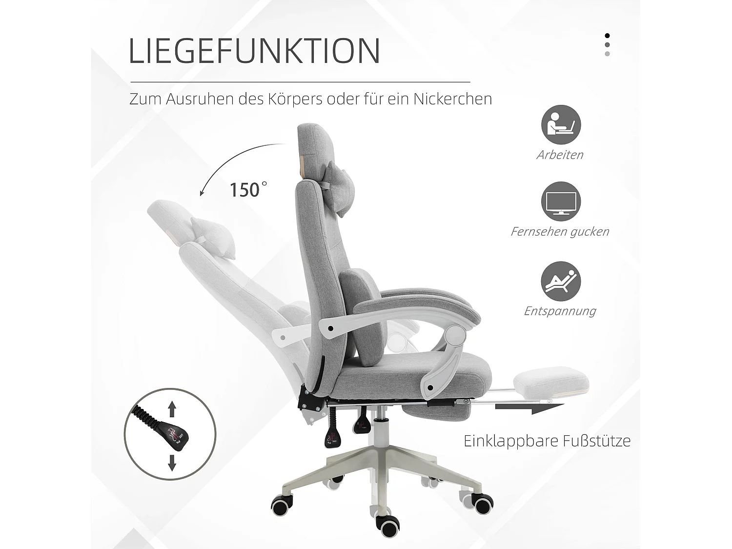 Fauteuil de bureau ergonomique, fauteuil gaming avec roulettes, polyester, mousse, plaque multicouche, gris (62x68x117-127 cm)