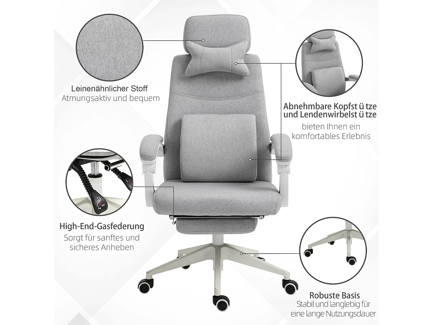 Fauteuil de bureau ergonomique, fauteuil gaming avec roulettes, polyester, mousse, plaque multicouche, gris (62x68x117-127 cm)