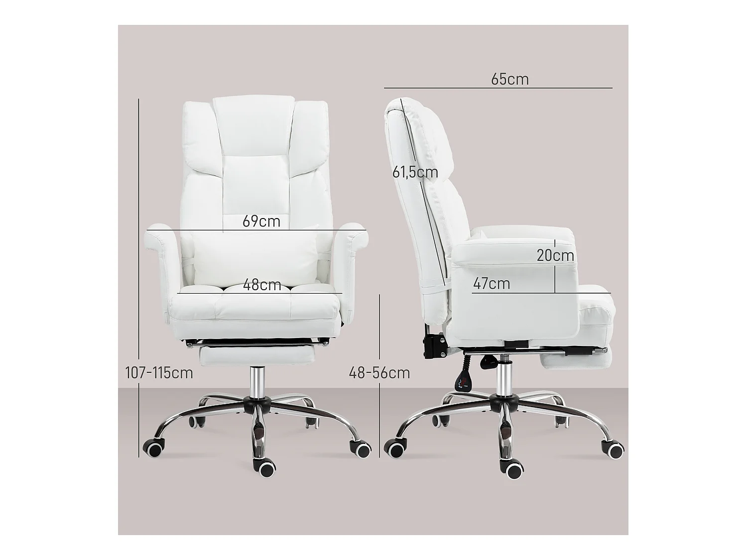 Chaise de bureau ergonomique avec fonction inclinable, dossier haut, repose-pieds ajustable, en cuir synthétique, blanc (69x65x107-115 cm)