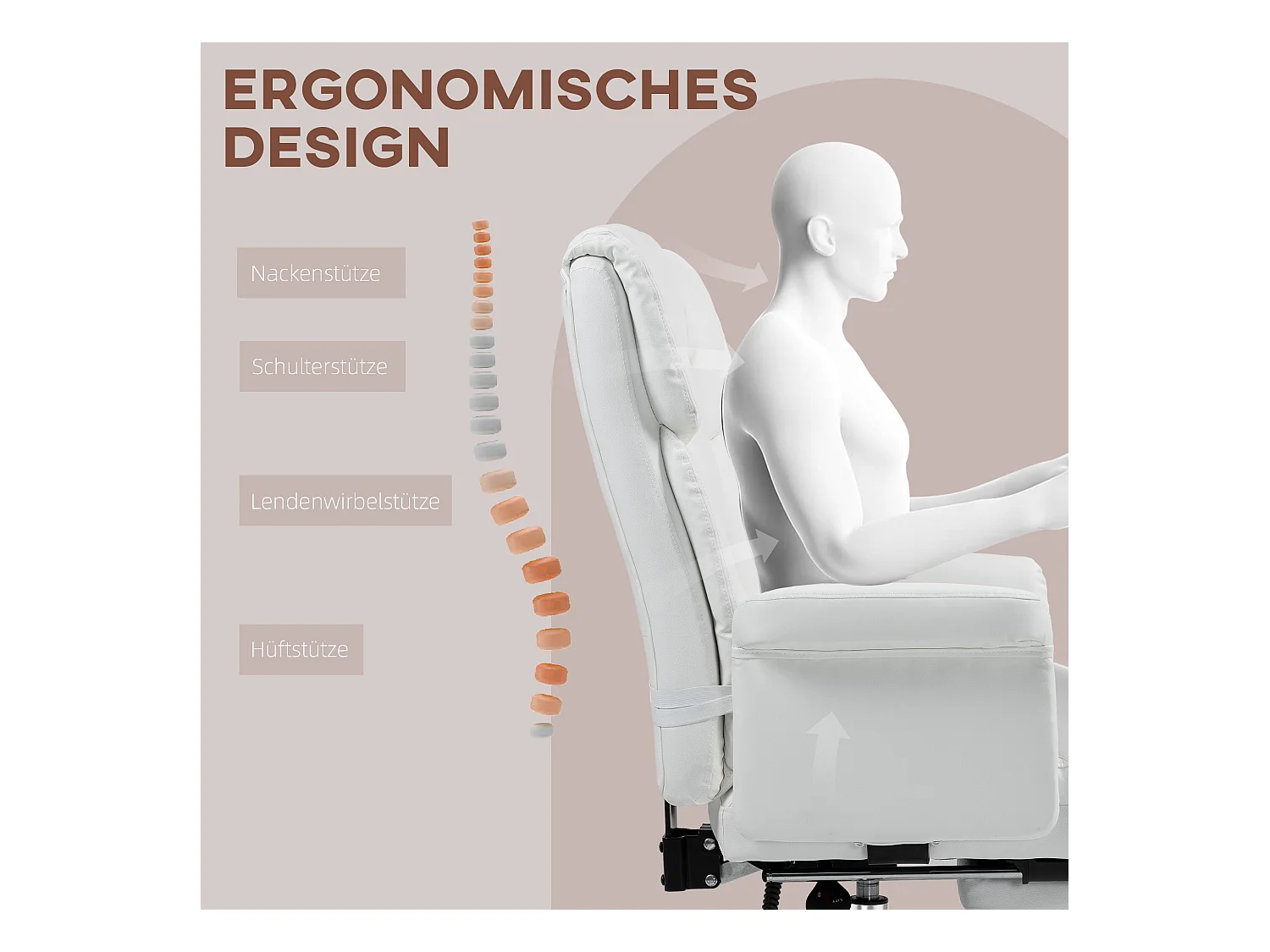 Chaise de bureau ergonomique avec fonction inclinable, dossier haut, repose-pieds ajustable, en cuir synthétique, blanc (69x65x107-115 cm)