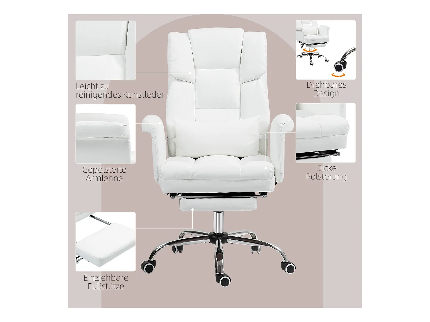 Chaise de bureau ergonomique avec fonction inclinable, dossier haut, repose-pieds ajustable, en cuir synthétique, blanc (69x65x107-115 cm)