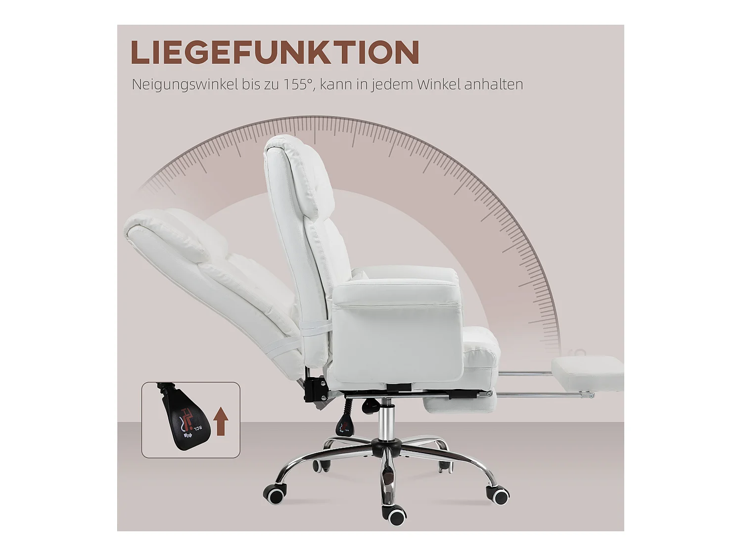 Chaise de bureau ergonomique avec fonction inclinable, dossier haut, repose-pieds ajustable, en cuir synthétique, blanc (69x65x107-115 cm)