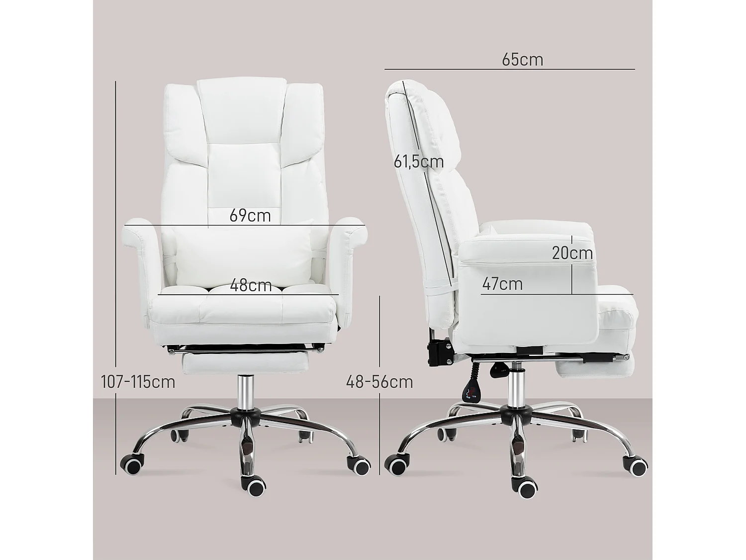 Chaise de bureau ergonomique avec fonction inclinable, dossier haut, repose-pieds ajustable, en cuir synthétique, blanc (69x65x107-115 cm)