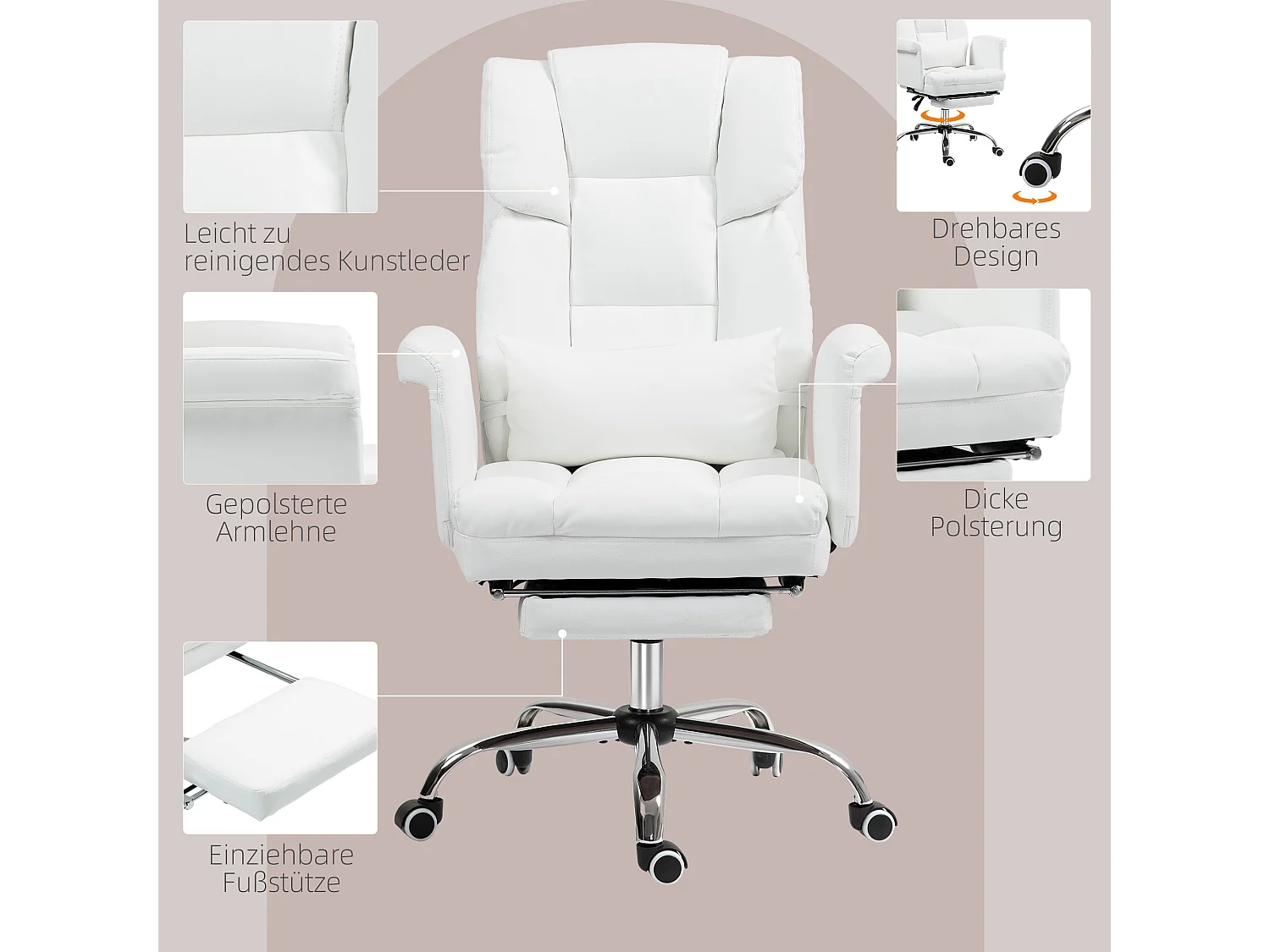 Chaise de bureau ergonomique avec fonction inclinable, dossier haut, repose-pieds ajustable, en cuir synthétique, blanc (69x65x107-115 cm)