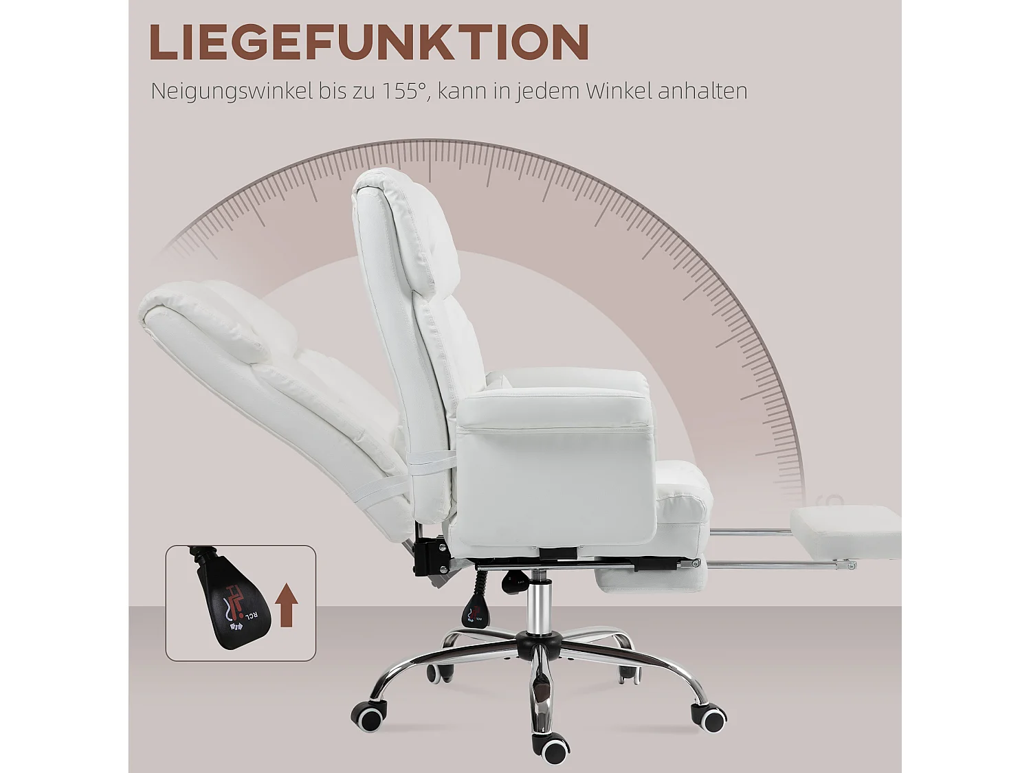 Chaise de bureau ergonomique avec fonction inclinable, dossier haut, repose-pieds ajustable, en cuir synthétique, blanc (69x65x107-115 cm)