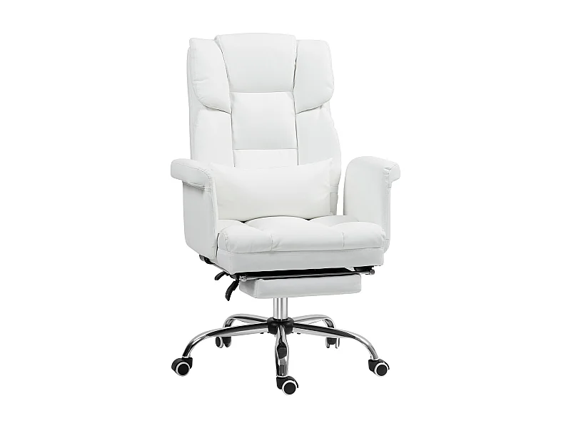 Chaise de bureau ergonomique avec fonction inclinable, dossier haut, repose-pieds ajustable, en cuir synthétique, blanc (69x65x107-115 cm)