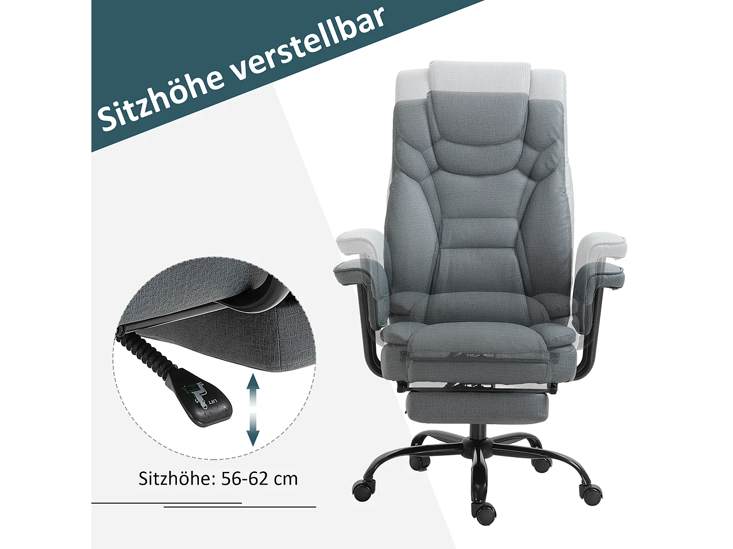 Chaise de bureau ergonomique avec fonction inclinable à 150°, plastique, gris (68x80x126 cm)