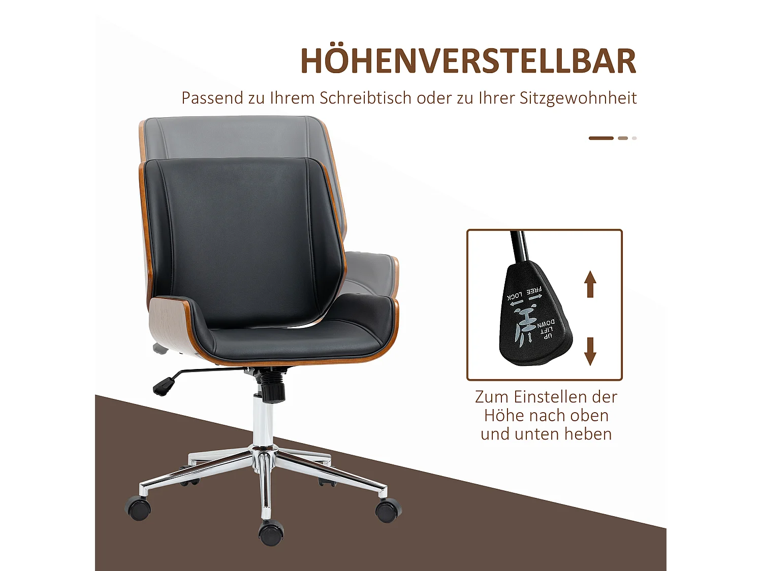 Chaise de bureau rétro, pivotante, avec fonction basculante, cuir synthétique, noir (53x60x96 cm)