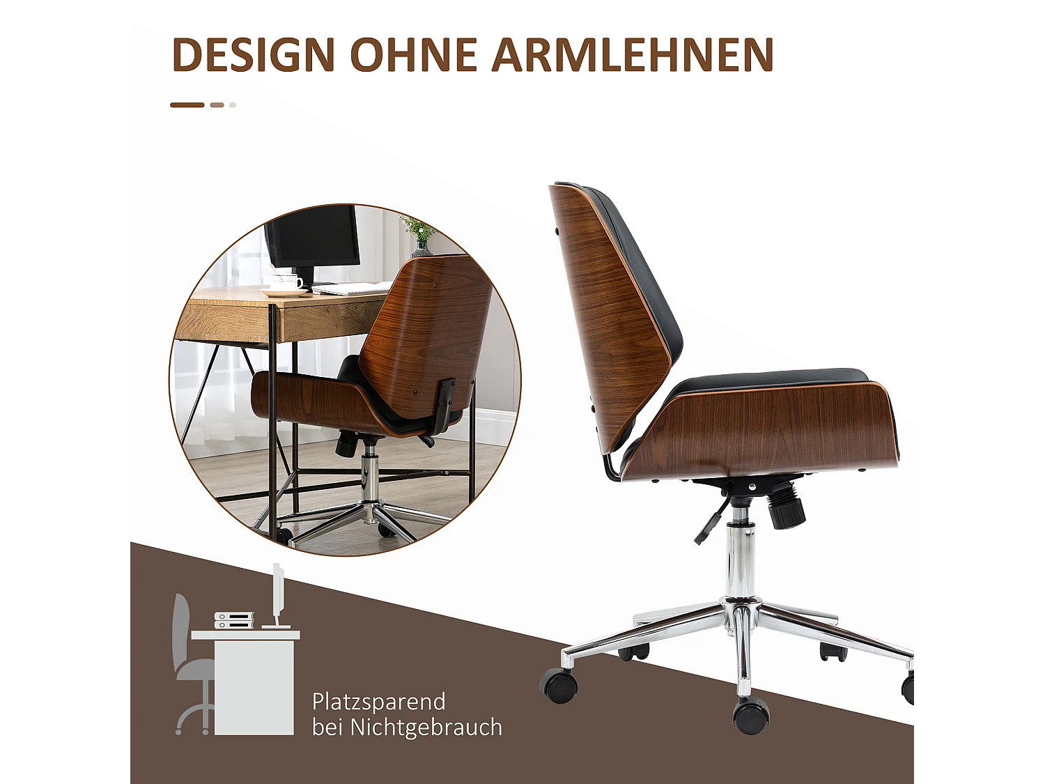 Chaise de bureau rétro, pivotante, avec fonction basculante, cuir synthétique, noir (53x60x96 cm)