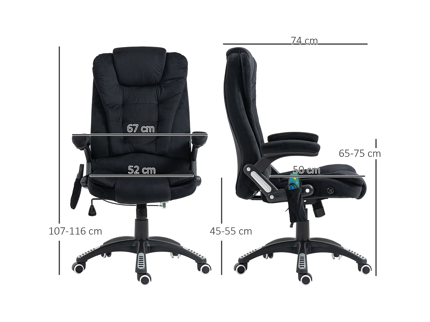 Fauteuil de bureau ergonomique avec fonction massage et chauffage, polyester, noir (67x74x116cm)