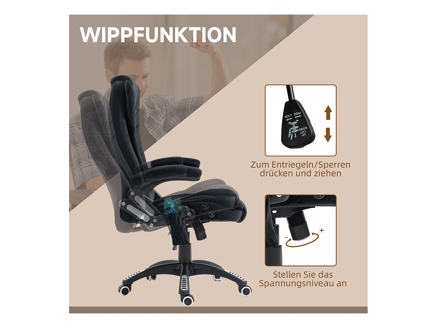 Fauteuil de bureau ergonomique avec fonction massage et chauffage, polyester, noir (67x74x116cm)