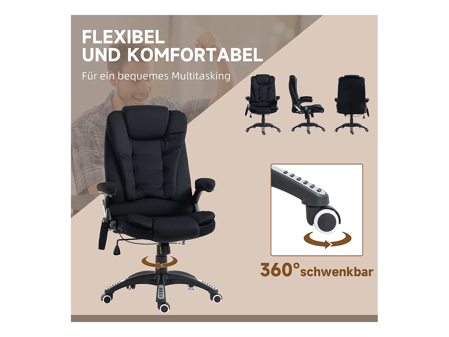 Fauteuil de bureau ergonomique avec fonction massage et chauffage, polyester, noir (67x74x116cm)