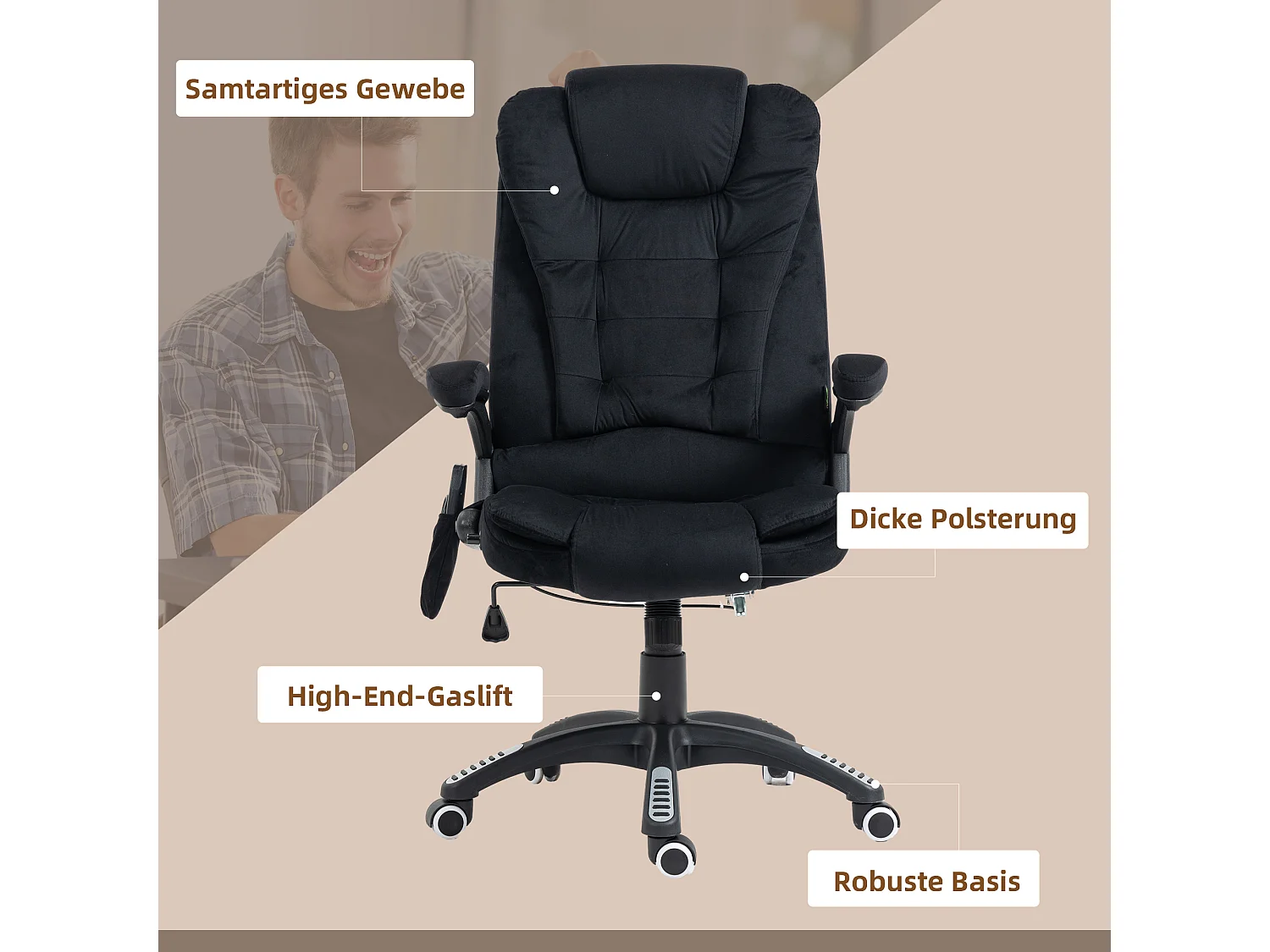 Fauteuil de bureau ergonomique avec fonction massage et chauffage, polyester, noir (67x74x116cm)