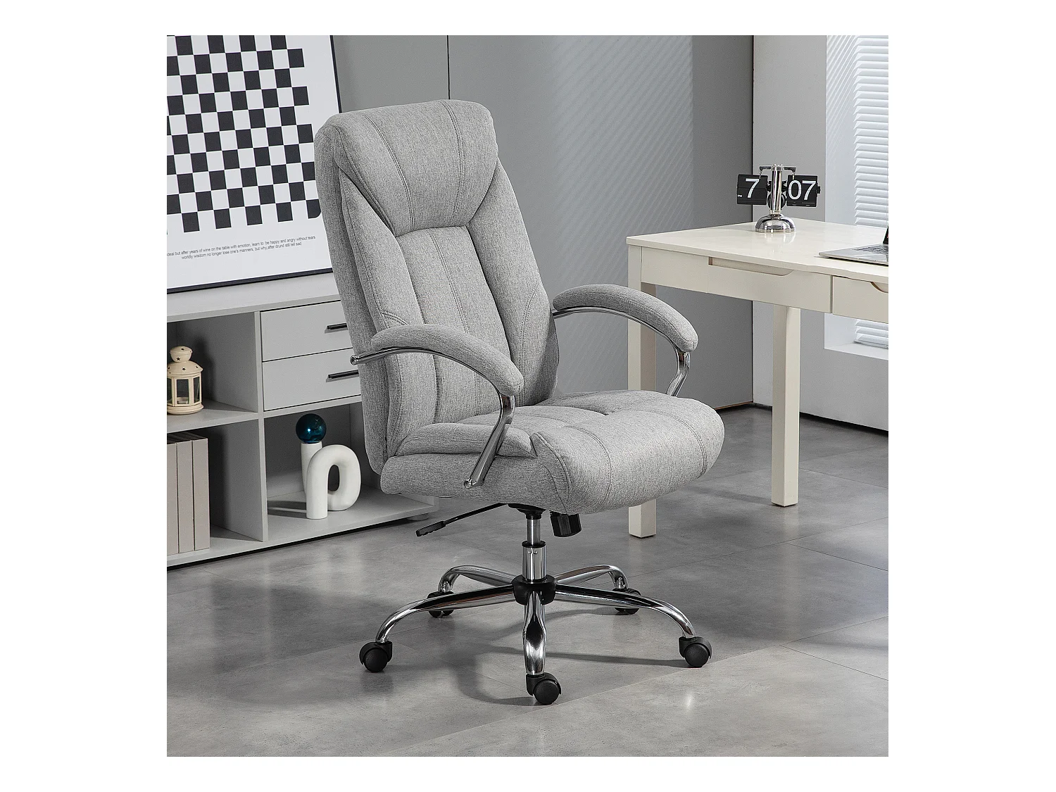 Chaise de bureau ergonomique avec fonction bascule, avec appui-tête et accoudoirs rembourrés, en polyester, gris clair (65x78x110-118 cm)
