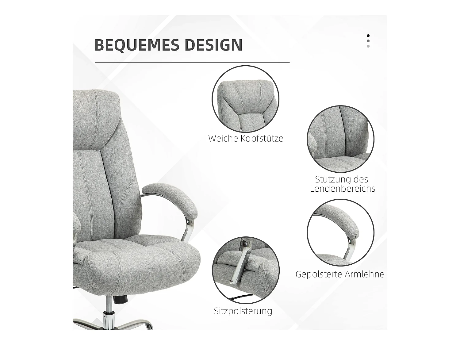 Chaise de bureau ergonomique avec fonction bascule, avec appui-tête et accoudoirs rembourrés, en polyester, gris clair (65x78x110-118 cm)