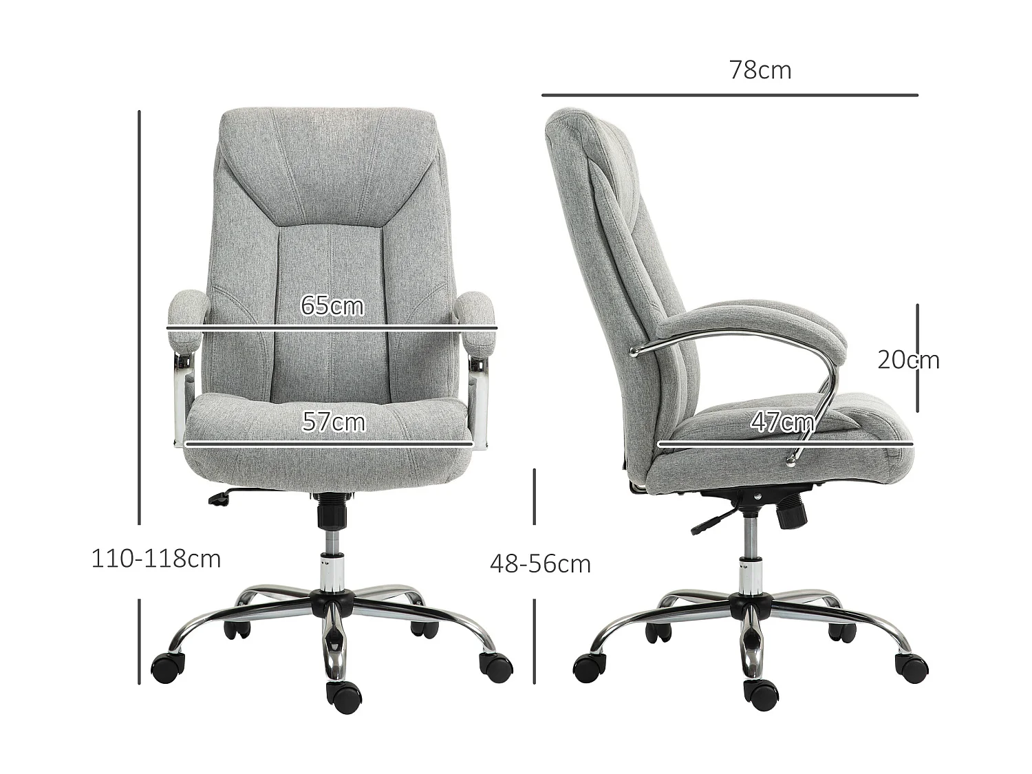 Chaise de bureau ergonomique avec fonction bascule, avec appui-tête et accoudoirs rembourrés, en polyester, gris clair (65x78x110-118 cm)