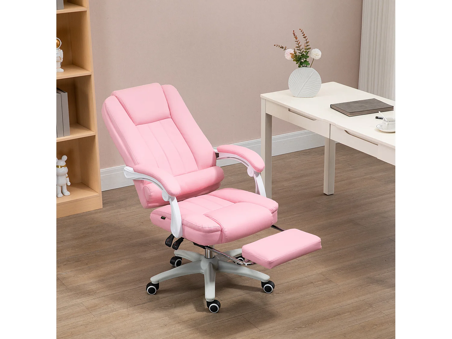 Chaise de bureau avec fonction bascule, repose-pieds, simili cuir, rose (65x68x116 cm)
