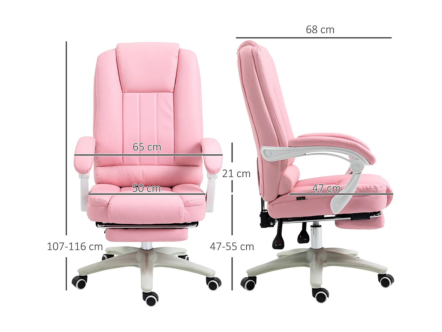 Chaise de bureau avec fonction bascule, repose-pieds, simili cuir, rose (65x68x116 cm)