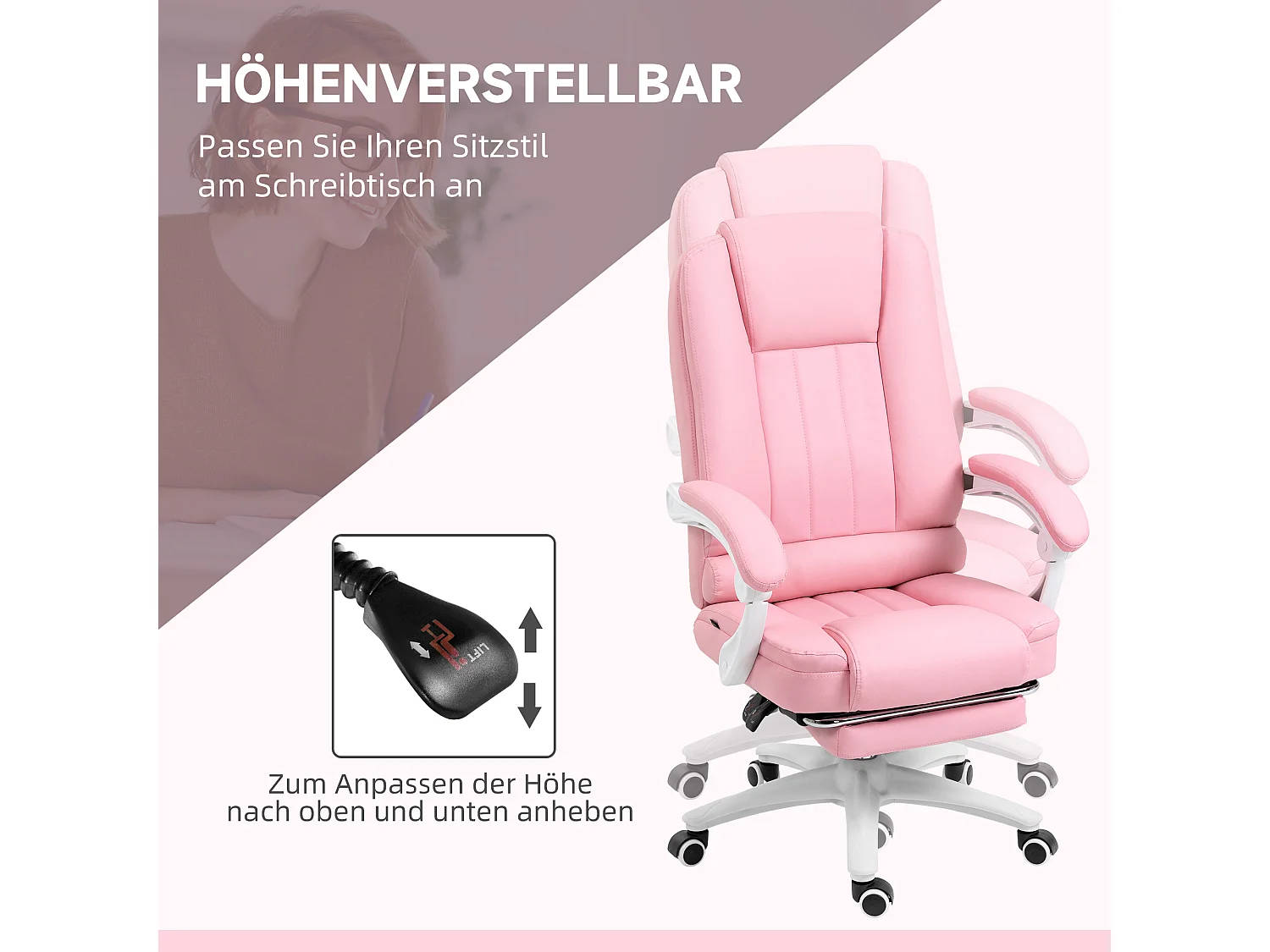 Chaise de bureau avec fonction bascule, repose-pieds, simili cuir, rose (65x68x116 cm)