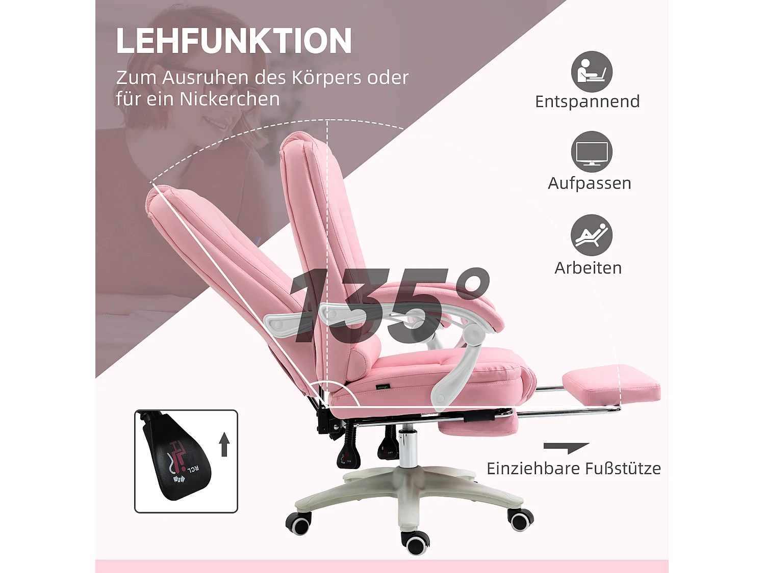 Chaise de bureau avec fonction bascule, repose-pieds, simili cuir, rose (65x68x116 cm)