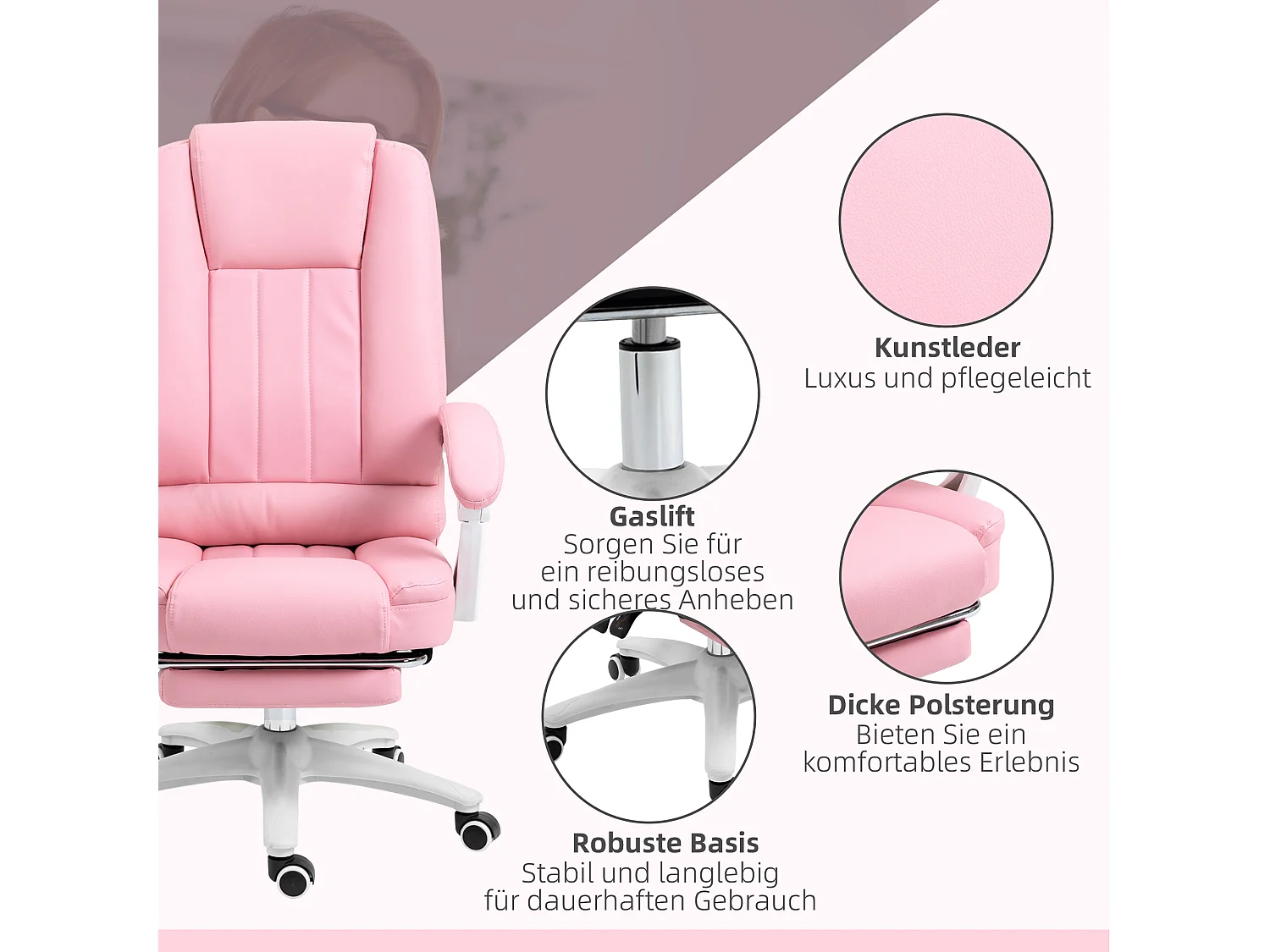 Chaise de bureau avec fonction bascule, repose-pieds, simili cuir, rose (65x68x116 cm)