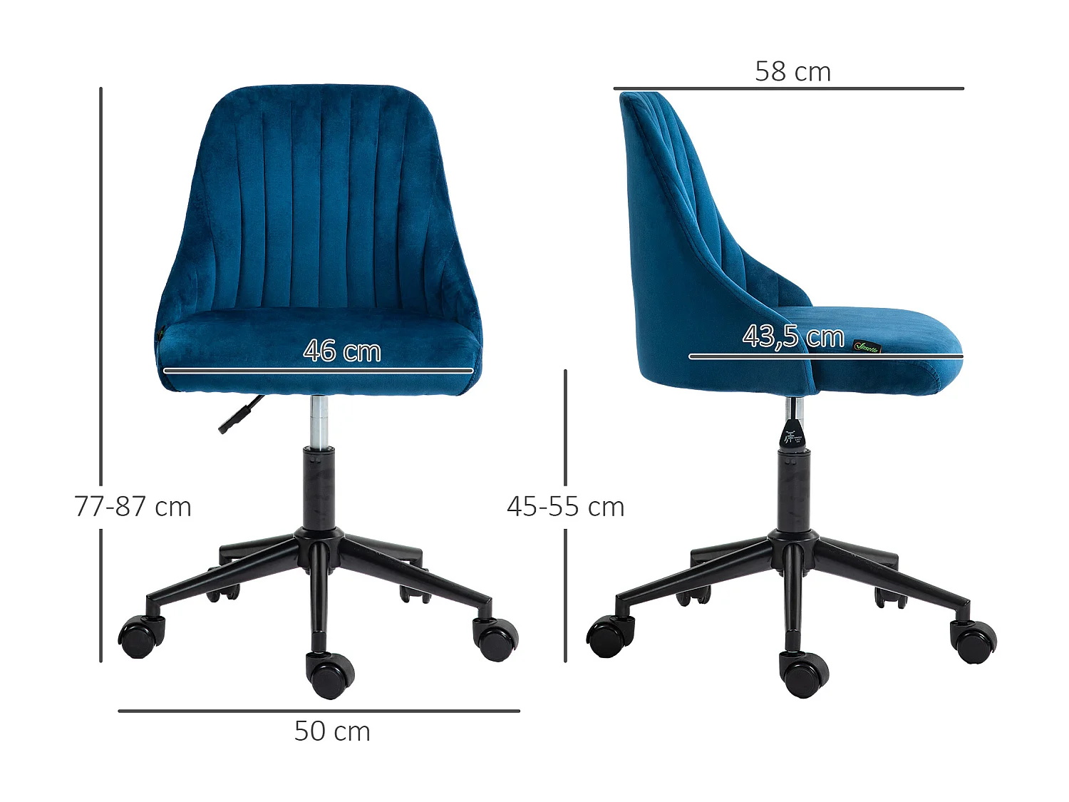 Draaibare bureaustoel, in hoogte verstelbaar, schuim, blauw, ergonomisch design (50x58x77-87cm)