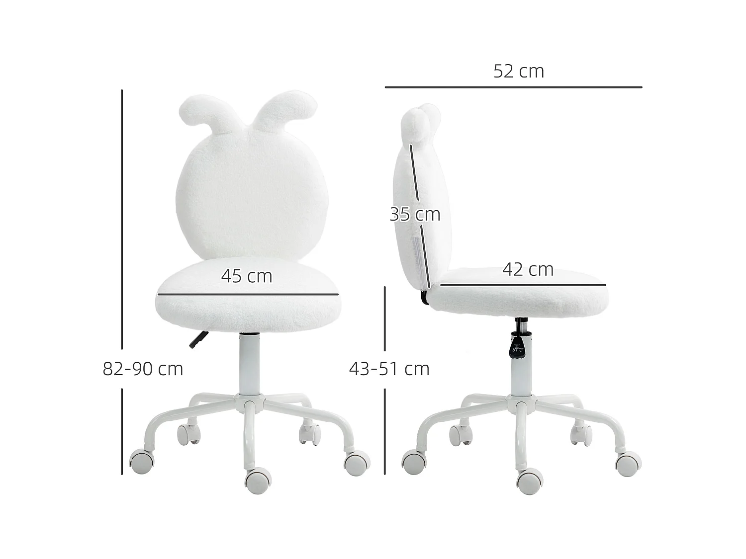 Fauteuil de bureau design oreilles de lapin, hauteur réglable, tissu en velours, blanc (52x45x90 cm)