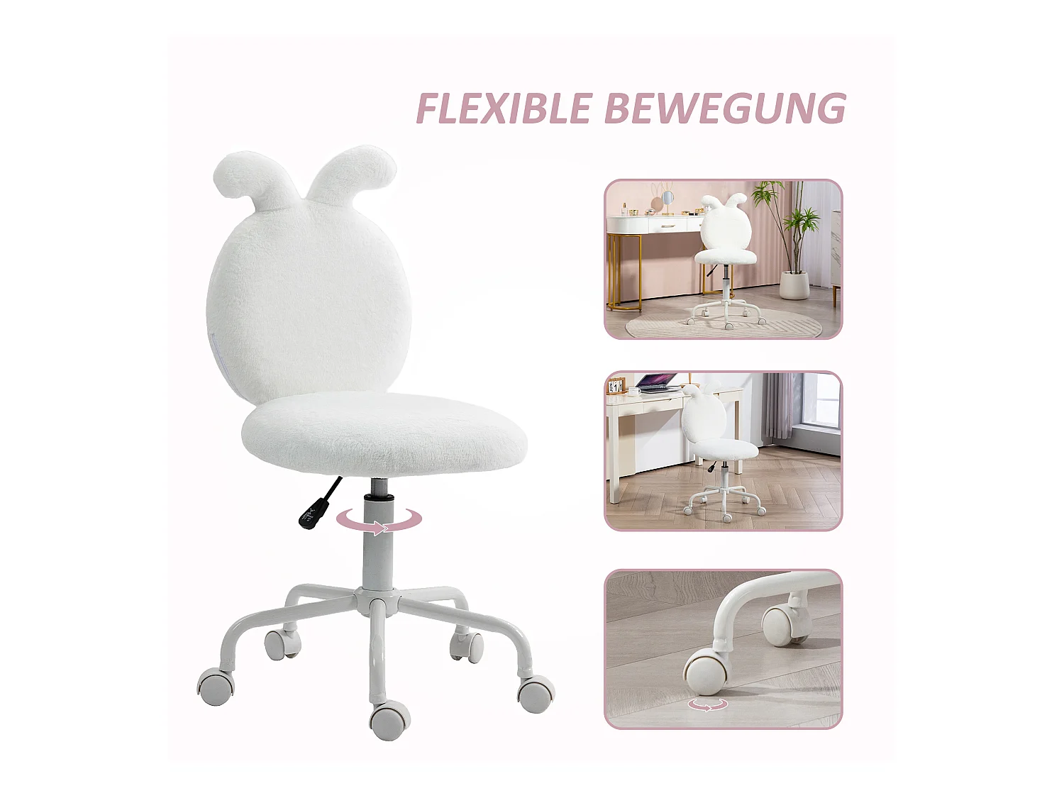 Fauteuil de bureau design oreilles de lapin, hauteur réglable, tissu en velours, blanc (52x45x90 cm)