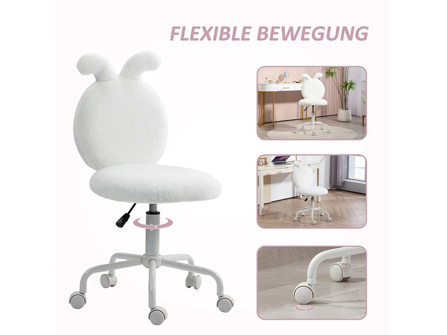 Fauteuil de bureau design oreilles de lapin, hauteur réglable, tissu en velours, blanc (52x45x90 cm)