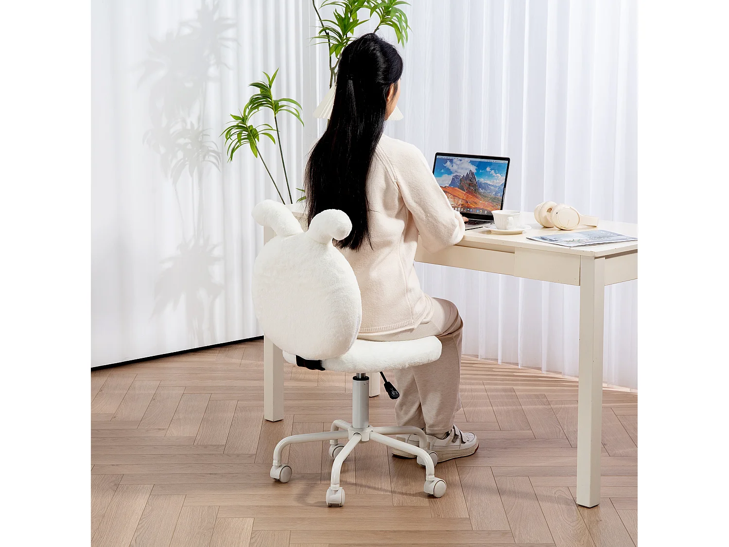 Fauteuil de bureau design oreilles de lapin, hauteur réglable, tissu en velours, blanc (52x45x90 cm)