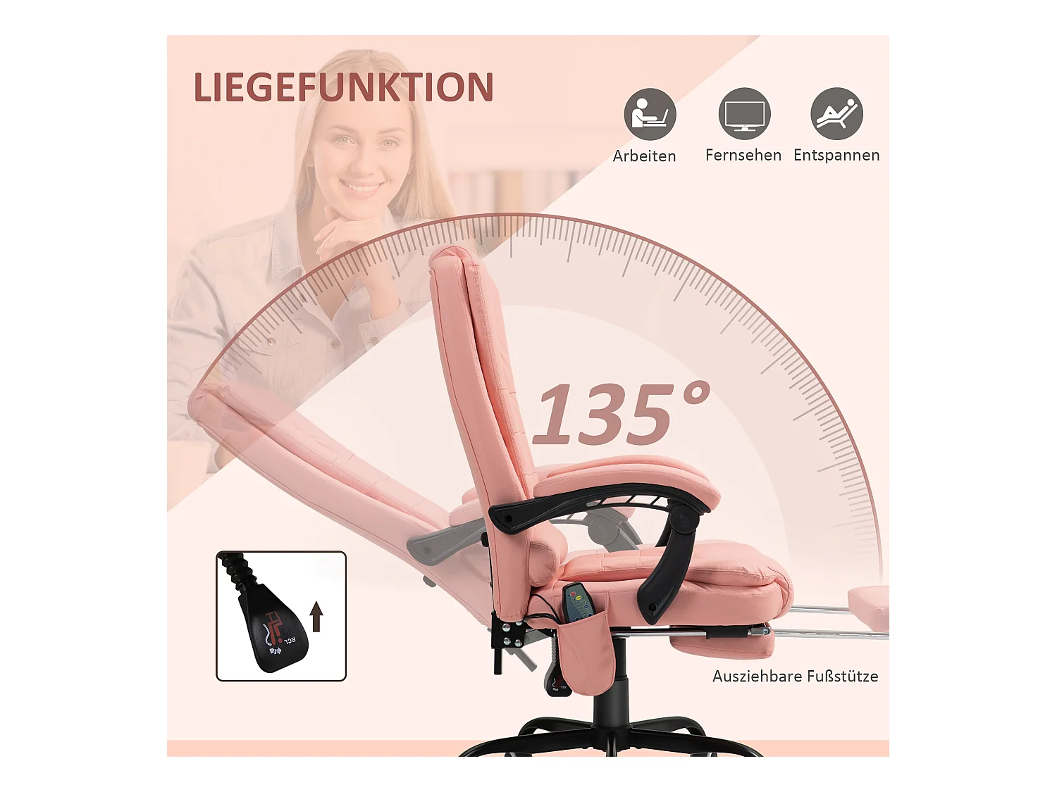 Fauteuil de bureau avec massage 7 points, ergonomique, simili cuir, rose (67x67x121cm)