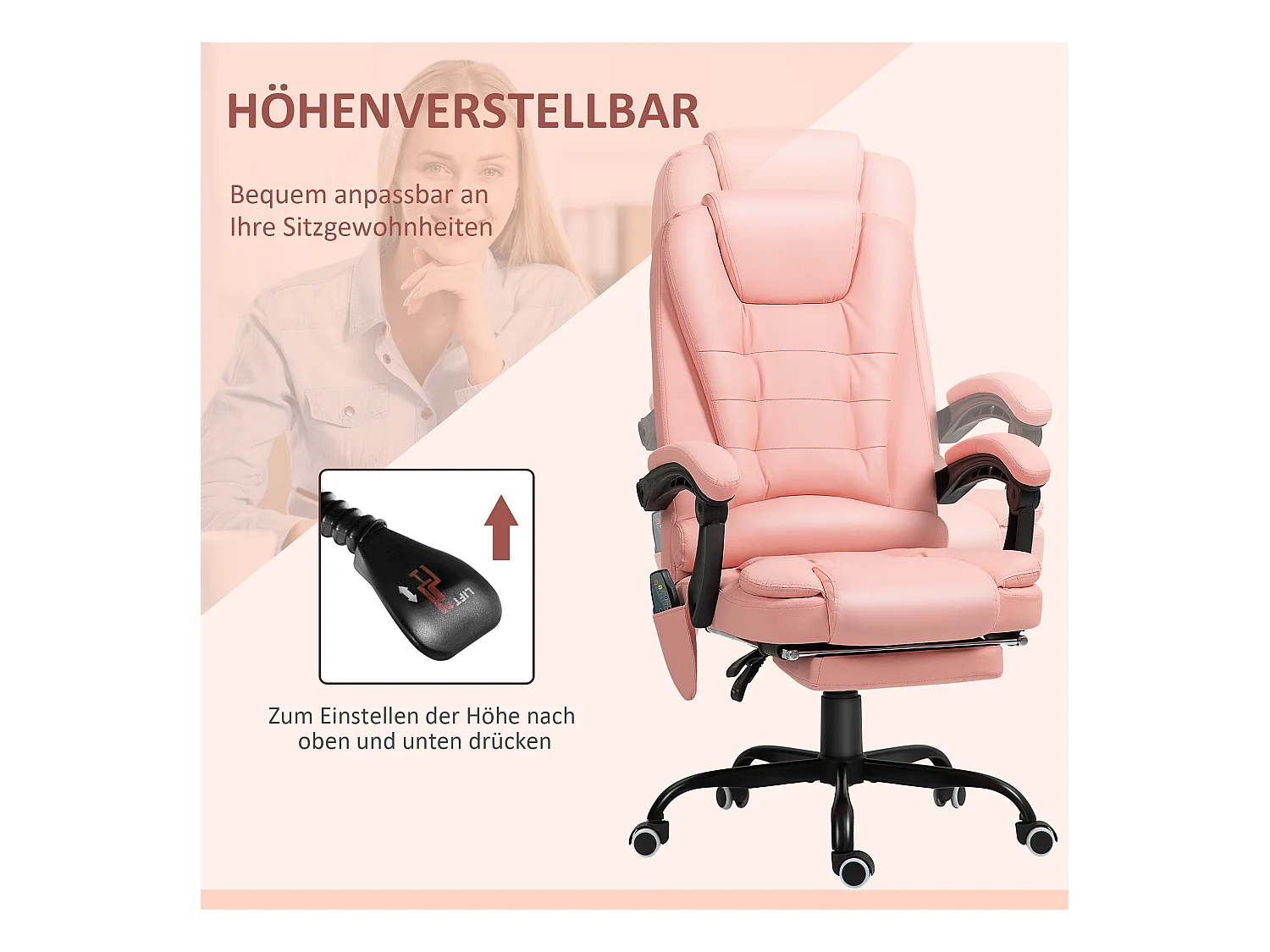 Fauteuil de bureau avec massage 7 points, ergonomique, simili cuir, rose (67x67x121cm)