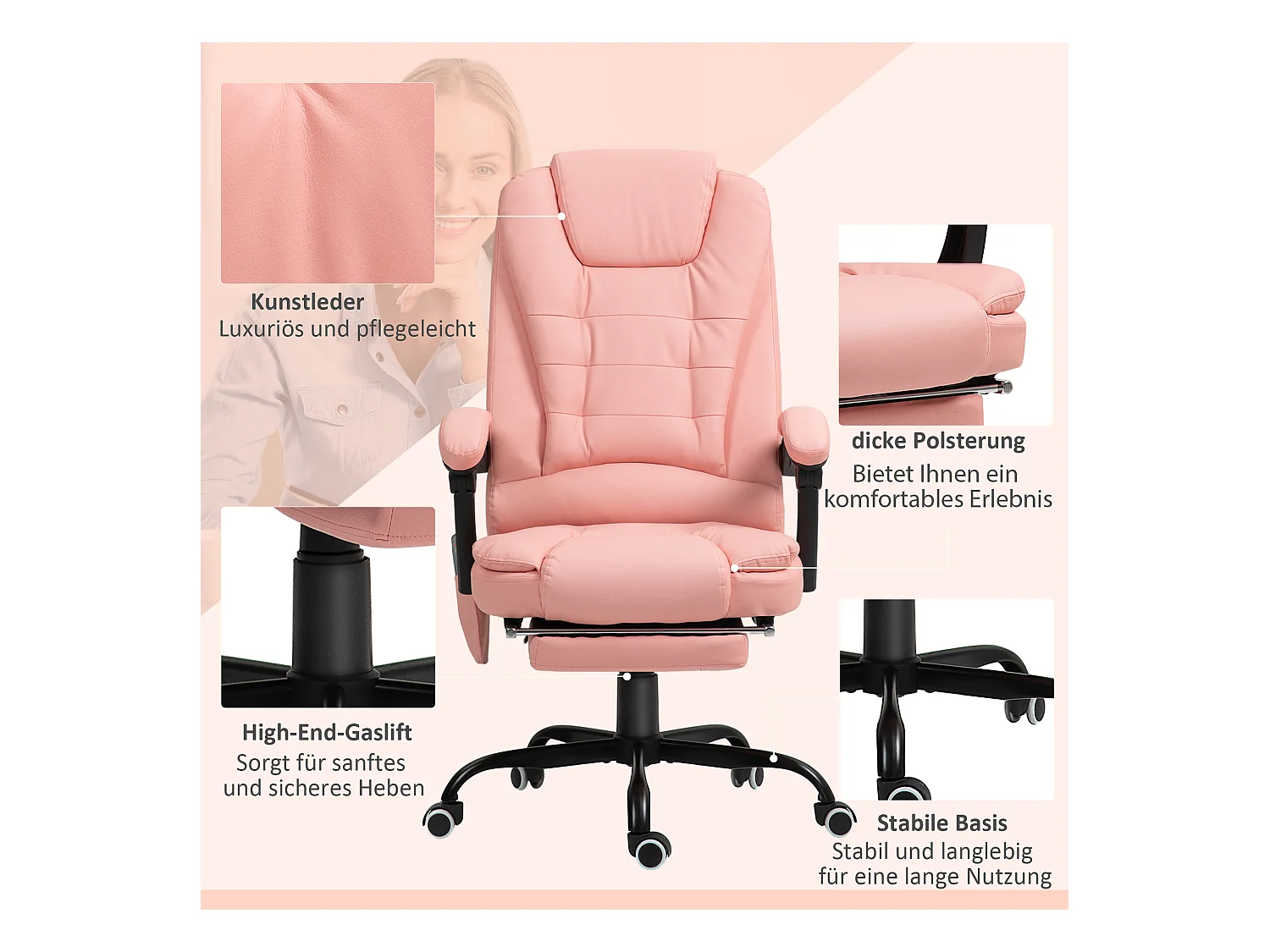 Fauteuil de bureau avec massage 7 points, ergonomique, simili cuir, rose (67x67x121cm)