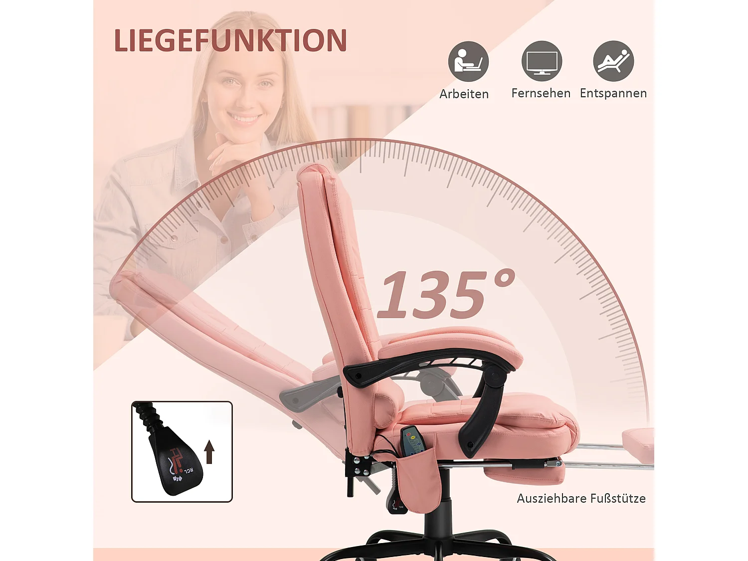 Fauteuil de bureau avec massage 7 points, ergonomique, simili cuir, rose (67x67x121cm)