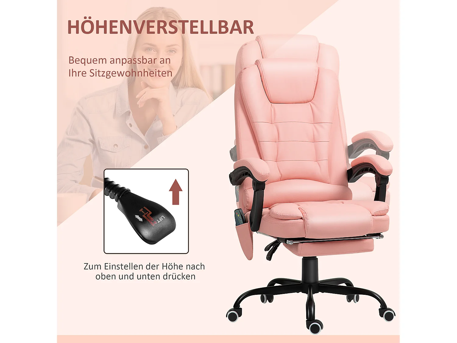 Fauteuil de bureau avec massage 7 points, ergonomique, simili cuir, rose (67x67x121cm)