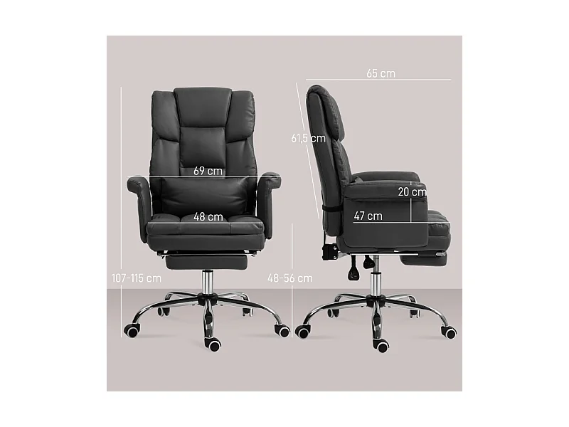 Chaise de bureau ergonomique avec fonction inclinable, dossier réglable, support lombaire, repose-pieds, cuir synthétique, noir (69x65x107-115 cm)