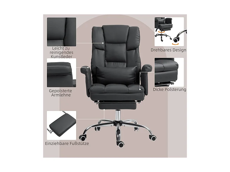 Chaise de bureau ergonomique avec fonction inclinable, dossier réglable, support lombaire, repose-pieds, cuir synthétique, noir (69x65x107-115 cm)
