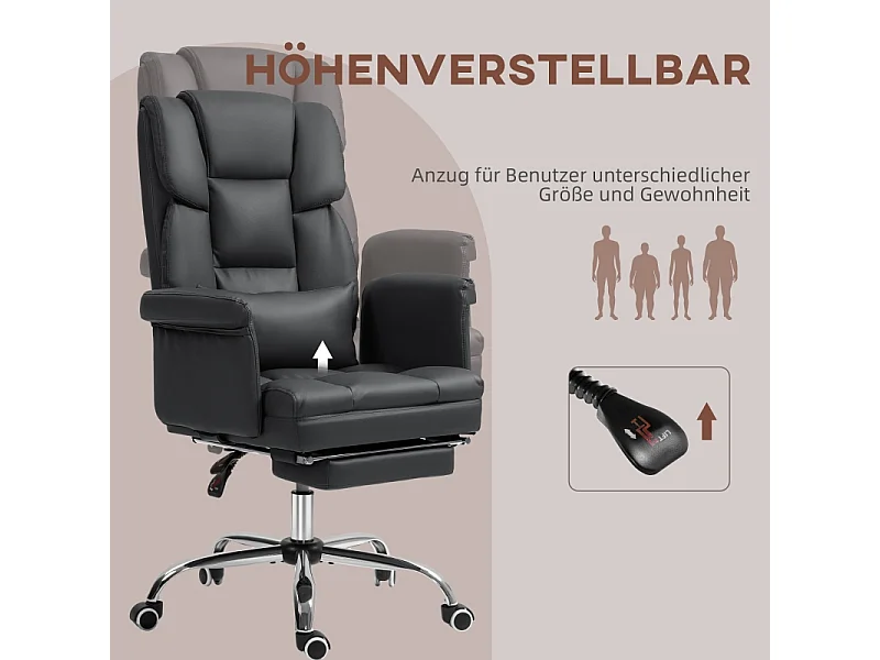 Chaise de bureau ergonomique avec fonction inclinable, dossier réglable, support lombaire, repose-pieds, cuir synthétique, noir (69x65x107-115 cm)