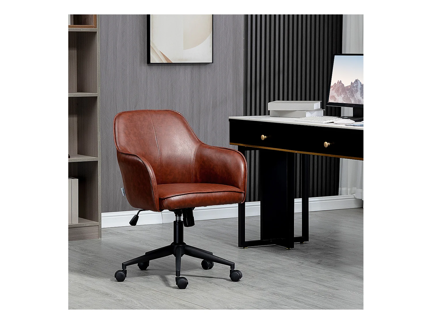 Chaise de bureau avec fonction bascule, réglable en hauteur, simili cuir, brun (58.5x62x91 cm)