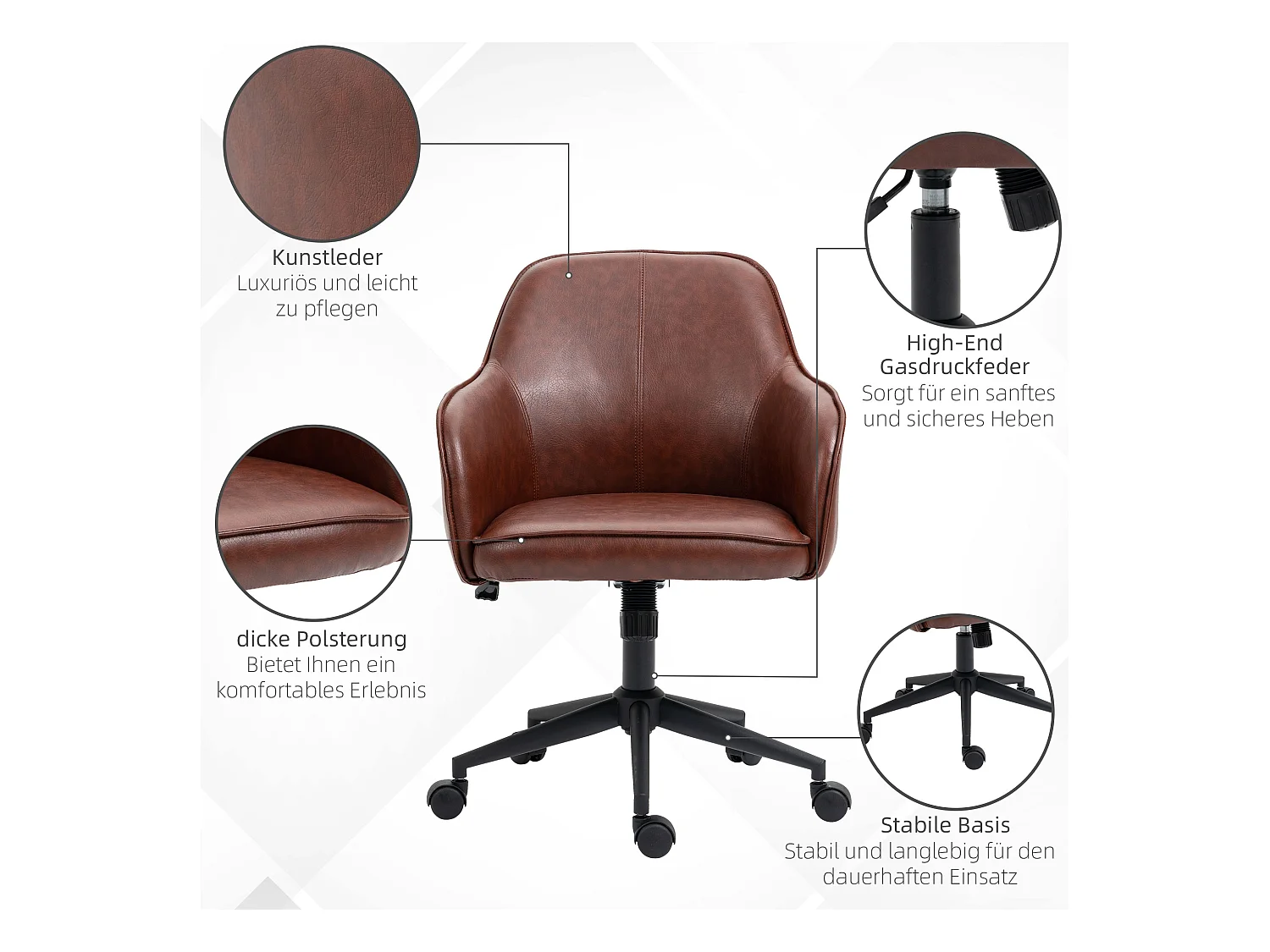 Chaise de bureau avec fonction bascule, réglable en hauteur, simili cuir, brun (58.5x62x91 cm)