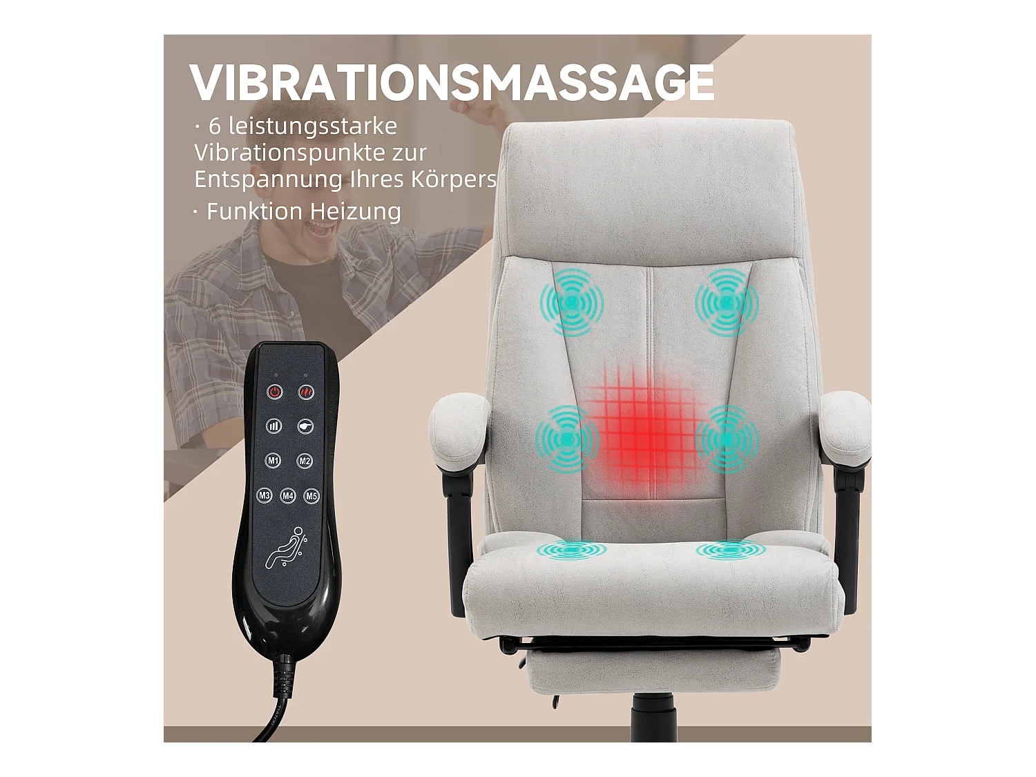 Fauteuil de bureau avec fonction massage, repose-pieds réglable, microfibre, gris clair (65x74x119cm)