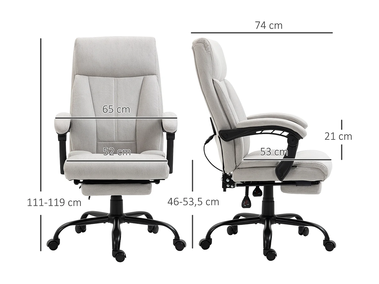 Fauteuil de bureau avec fonction massage, repose-pieds réglable, microfibre, gris clair (65x74x119cm)